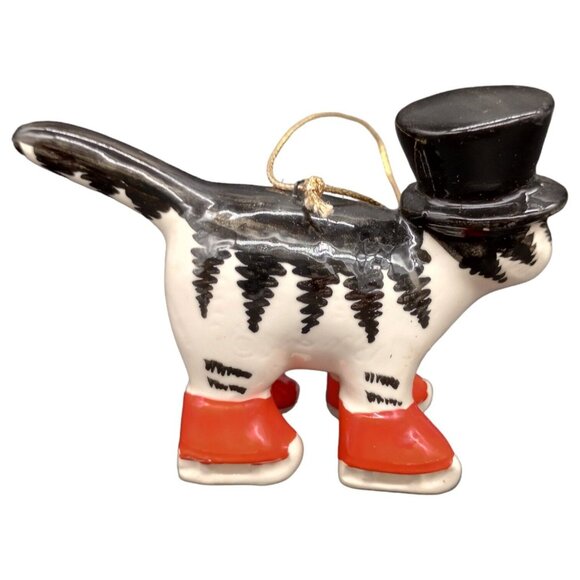 Vtg Christmas Cat Ornament Ceramic Black White Red Boots Top Hat Holiday Kliban - Picture 3 of 16